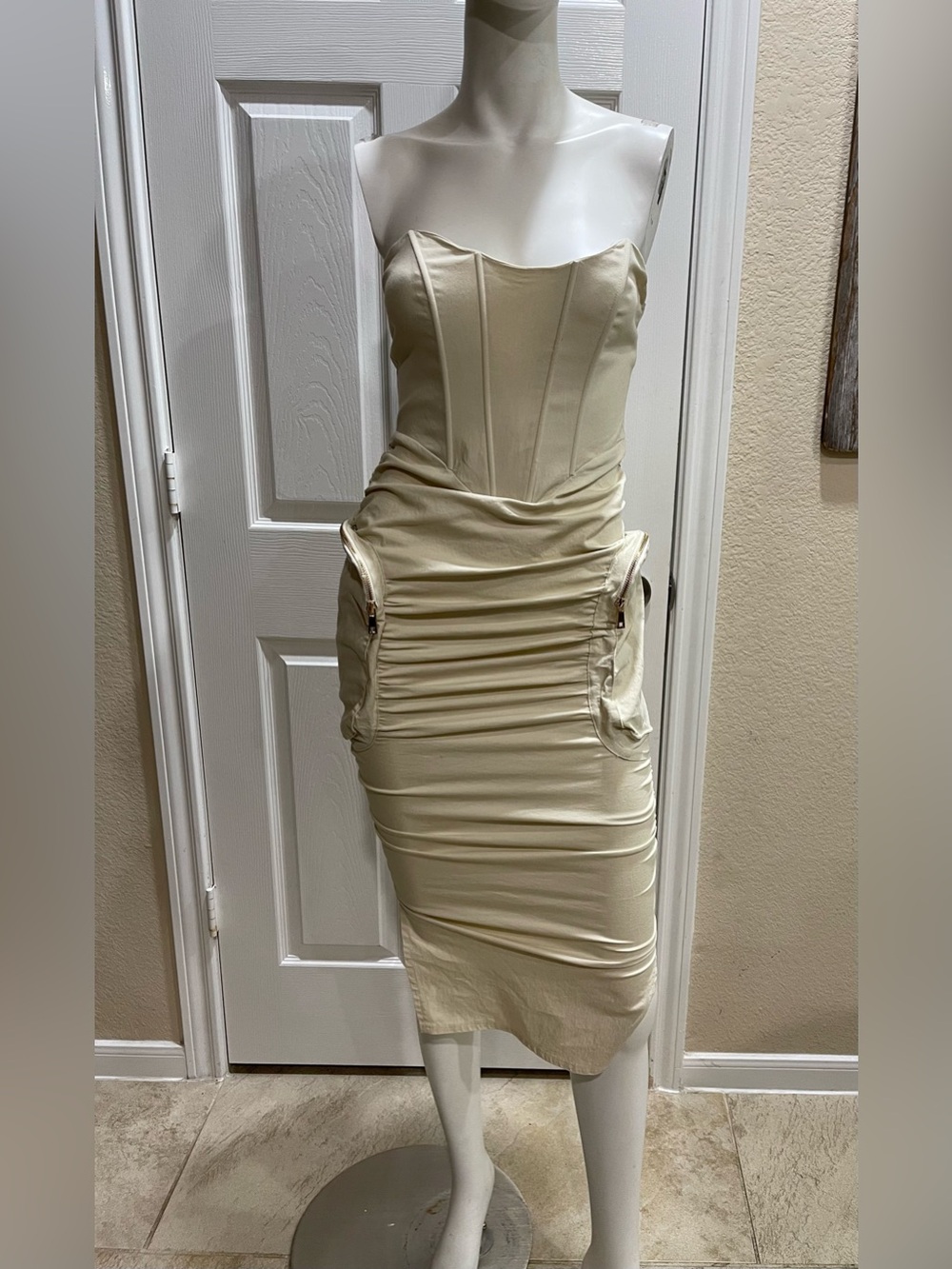 Kaylee Kollection Camila Cargo Midi Dress in Beige - Size Small